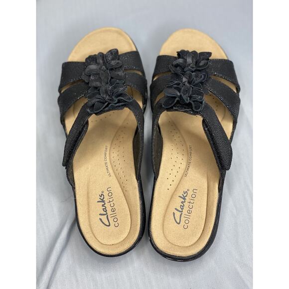 Clarks Laurieann Judi Leather Slide Sandals Floral Accent Women's 5.5 Black - Picture 3 of 5